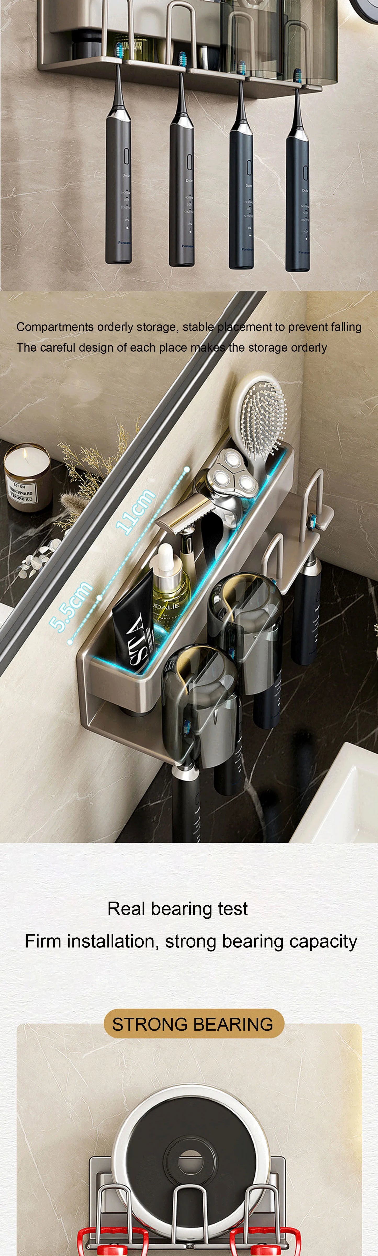 Color: Light Grey - Toothbrush Holder Wall Mounted Toothpaste Dispenser Aluminium Electric Hair Brushes Storage Bathroom Accessories House Organizer