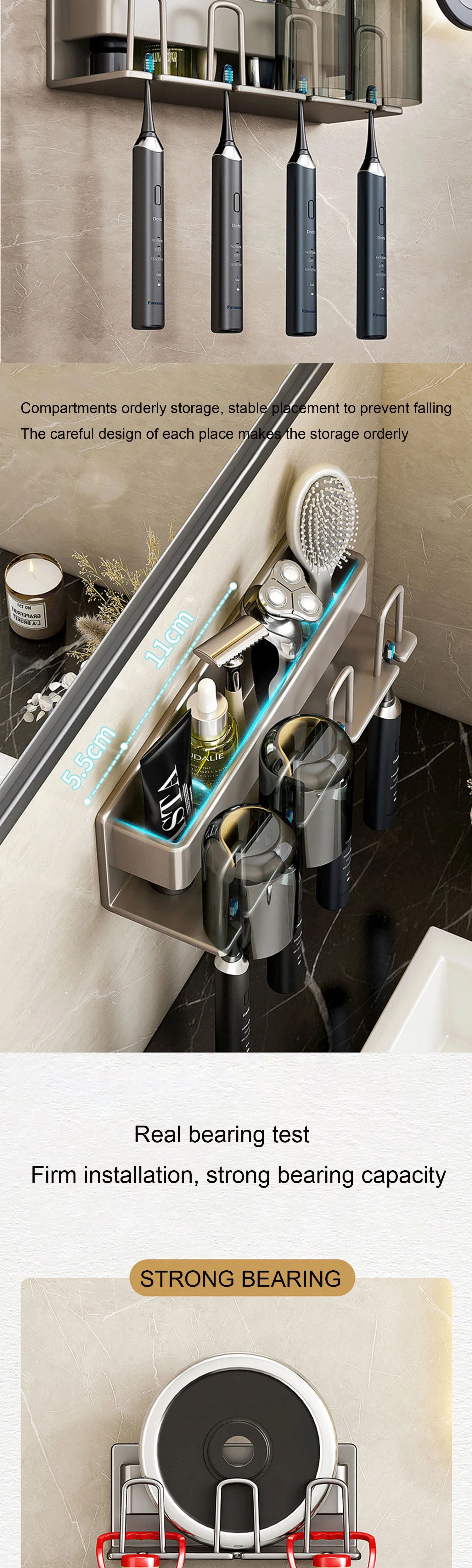 Color: Light Grey - Toothbrush Holder Wall Mounted Toothpaste Dispenser Aluminium Electric Hair Brushes Storage Bathroom Accessories House Organizer
