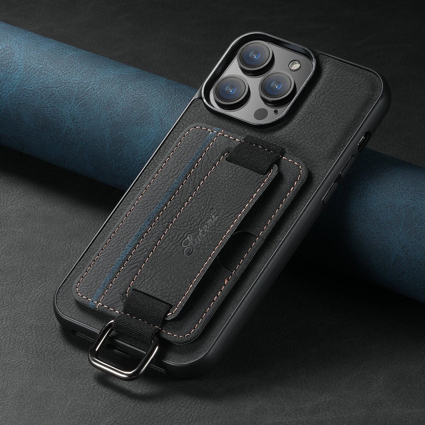Color: Blue, Material: Carbon Fiber - Suteni Lychee Skin Print Wrist Strap Card Phone Case Card Holder For Iphone 16 Promax 15 Plus 14 13 12 11 Xr Xs Black/blue/brown