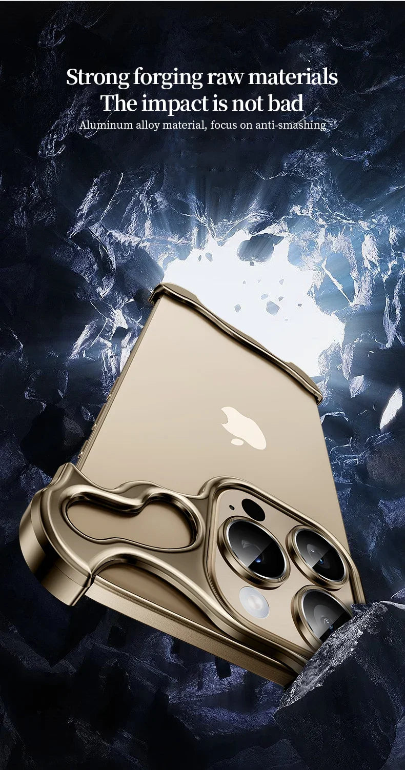 Color: Beige, Material: Pu - Aluminum Metal Rimless Phone Case For Iphone 16 15 14 Plus 13 12 Pro Max Lens Protective Film Hollow Logo Cooling Accessory Case