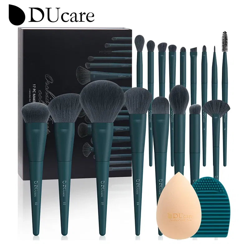 Handle Color: Green, Ships From: China - Ducare Professional Makeup Brushes Kits Synthetic Hair 17pcs With Sponge & Cleaning Tools Pad For Cosmetics Foundation Eyeshadow