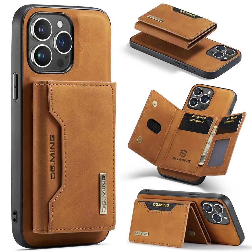 Color: Beige, Material: Aluminum - 2 In 1 Case For Iphone 16 15 14 13 12 11 Pro Max Plus Xs Max Xr 8 Plus Se 2022 Wallet Magnetic Leather Card Holder Pocket Cover