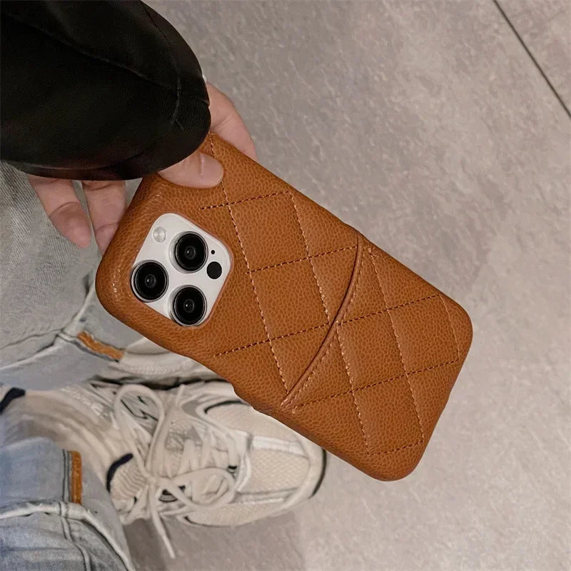 Color: Beige, Material: Microfiber - Luxury Lattice Pattern Leather Cover For Iphone 16 15 14 13 Pro Max Credit Card Slot Holder Purse Wallet Shockproof Phone Case