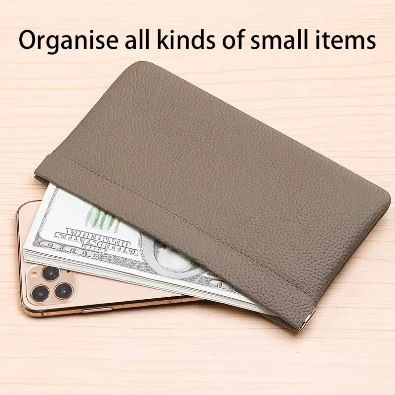 Color: Gray - Self-closing First-layer Genuine Cowhide Long Wallet Passport Driver's License Document Holder Data Cable Cosmetic Bag Storage