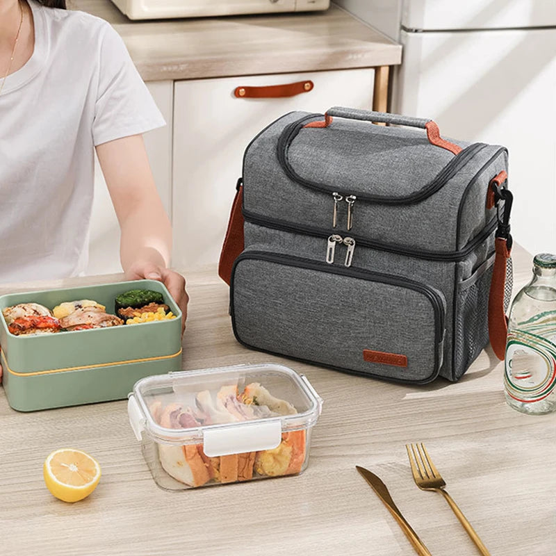 Color: Blue - Double Layer Lunchbox Storage Thermal Bag Large Capacity Tote Shoulder Food Drink Insulation Bags Outdoor Picnic Bento Lunch Bag