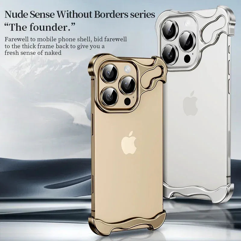 Color: Beige, Material: Pu - Aluminum Metal Rimless Phone Case For Iphone 16 15 14 Plus 13 12 Pro Max Lens Protective Film Hollow Logo Cooling Accessory Case