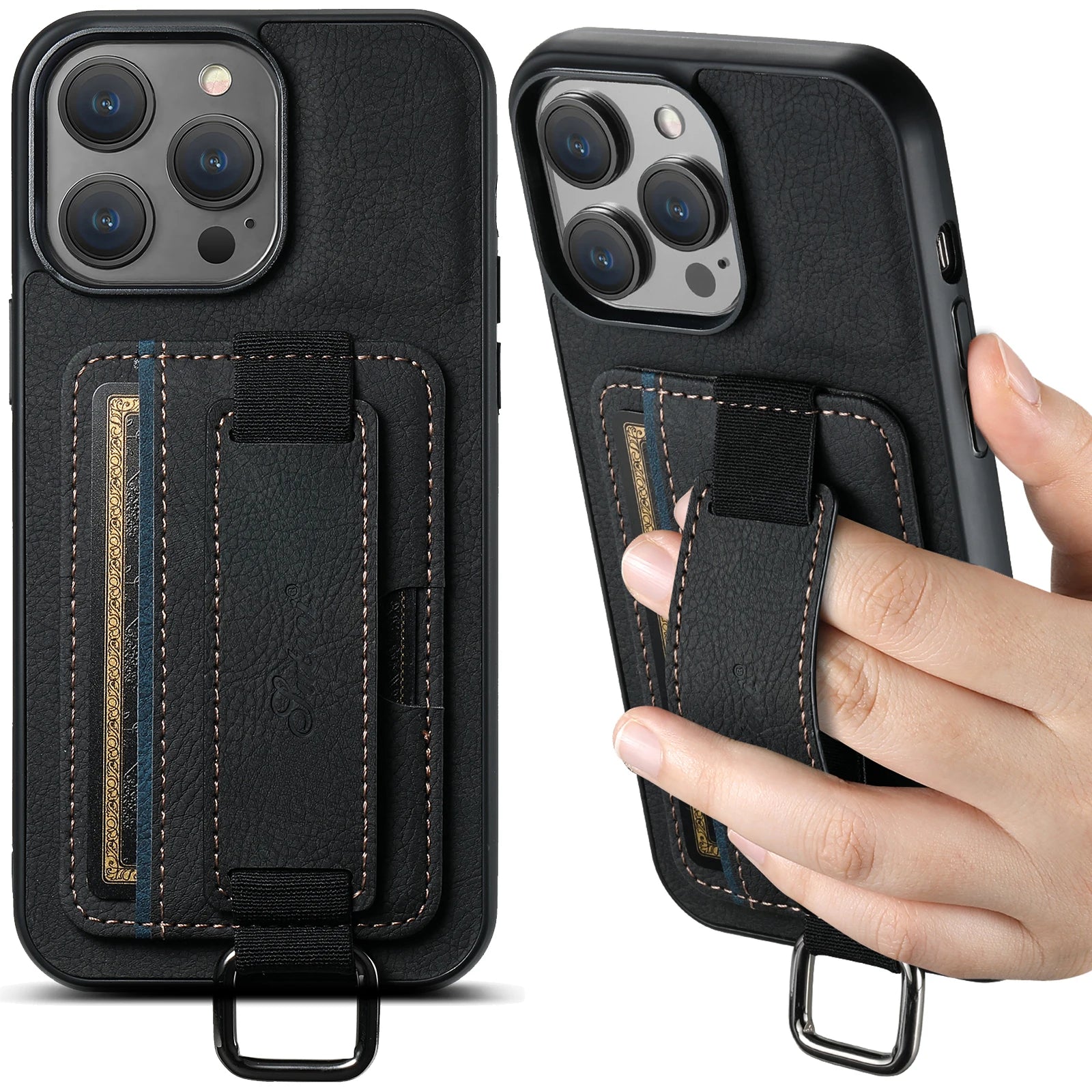 Color: Blue, Material: Carbon Fiber - Suteni Lychee Skin Print Wrist Strap Card Phone Case Card Holder For Iphone 16 Promax 15 Plus 14 13 12 11 Xr Xs Black/blue/brown