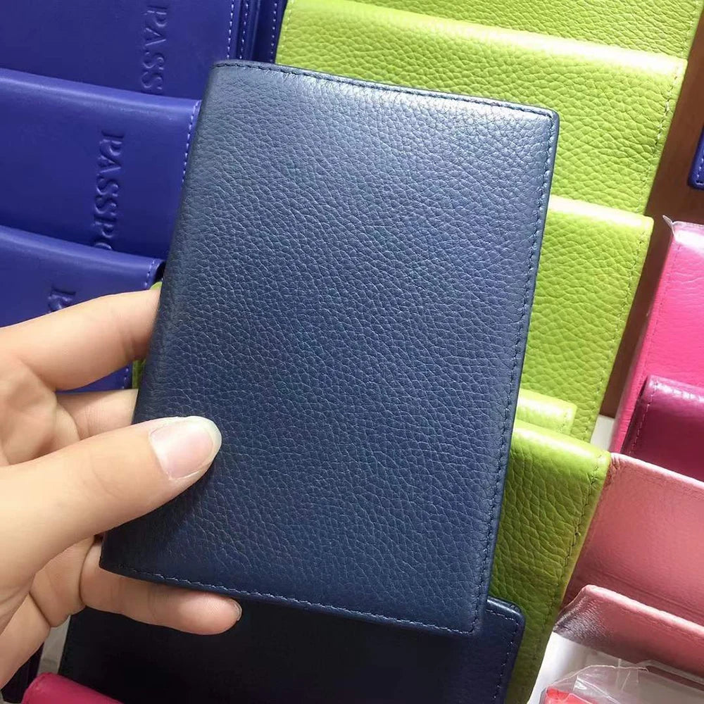 Color: Pink - 100% Cowhide Passport Holder Factory Genuine Leather Engrave Letters Men Women Passport Cover Customized Name Travel Card Wallet