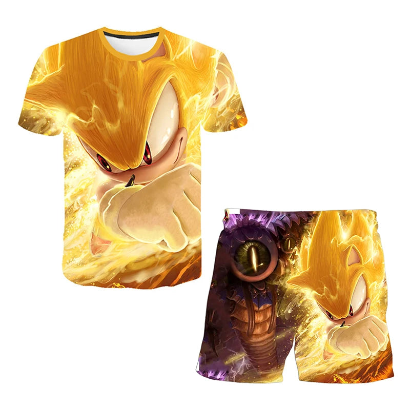 Color: Pink, Size: M - New Japanese Cartoon Sonic T-shirt Children's Top T-shirt Shorts Two-piece Set Summer Boy Cartoon Cute T-shirt+beach Pants
