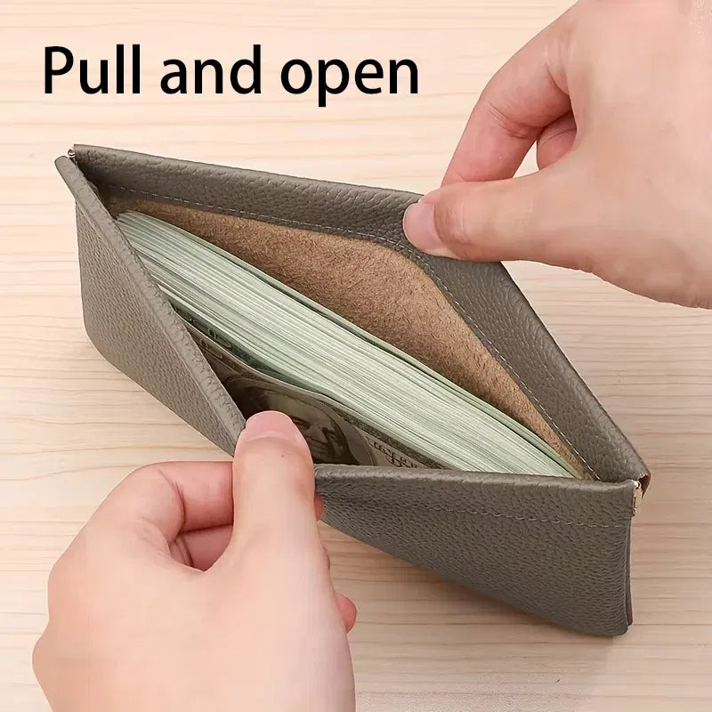 Color: Gray - Self-closing First-layer Genuine Cowhide Long Wallet Passport Driver's License Document Holder Data Cable Cosmetic Bag Storage