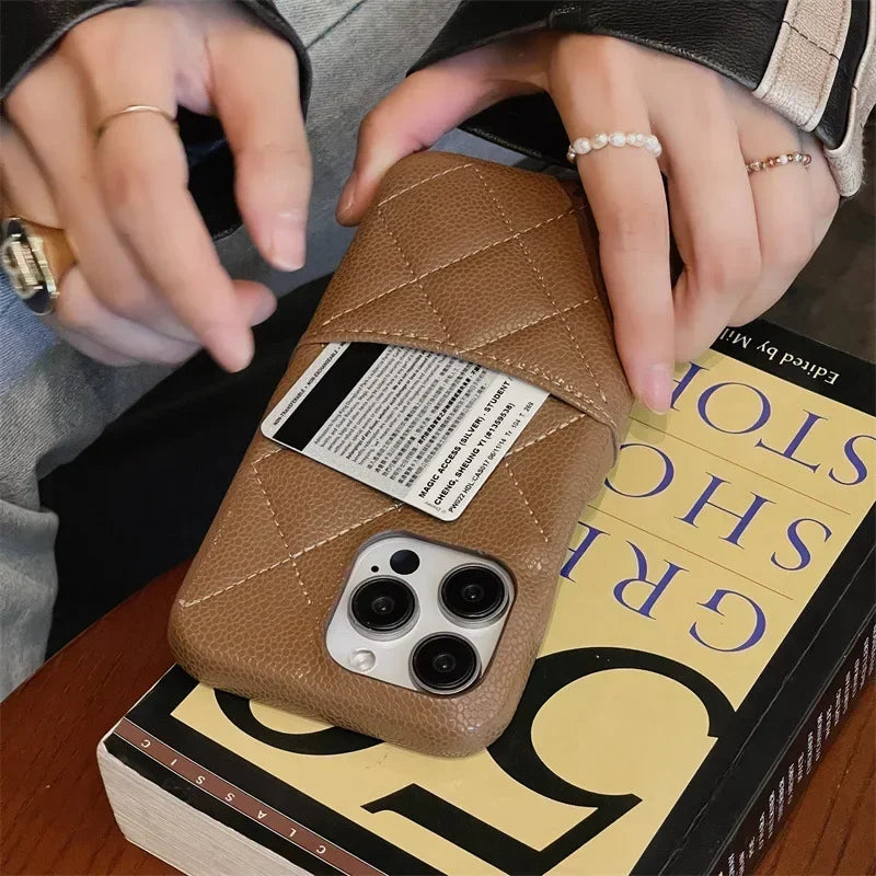 Color: Beige, Material: Microfiber - Luxury Lattice Pattern Leather Cover For Iphone 16 15 14 13 Pro Max Credit Card Slot Holder Purse Wallet Shockproof Phone Case