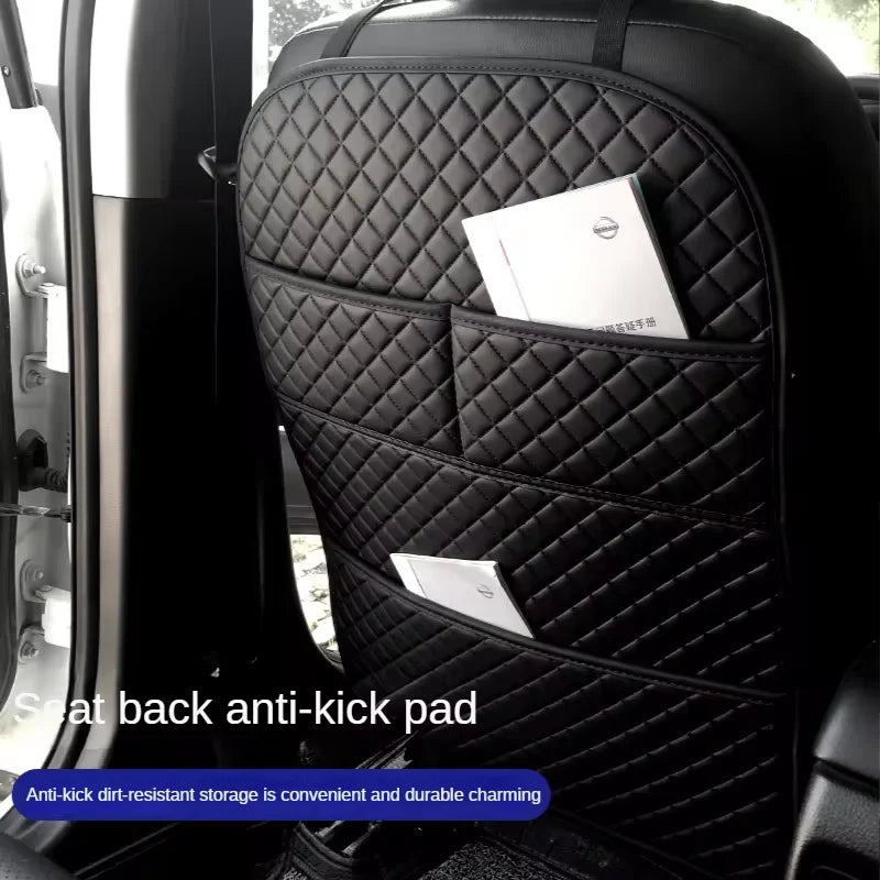 1pc Universal Pu Leather Car Anti Kicks Pad With Organizer Pocket Seat Back Protector Cover Back Car Storage Accessories