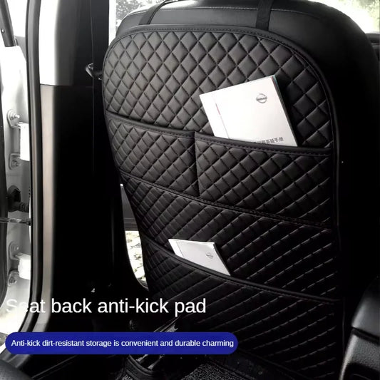 1pc Universal Pu Leather Car Anti Kicks Pad With Organizer Pocket Seat Back Protector Cover Back Car Storage Accessories