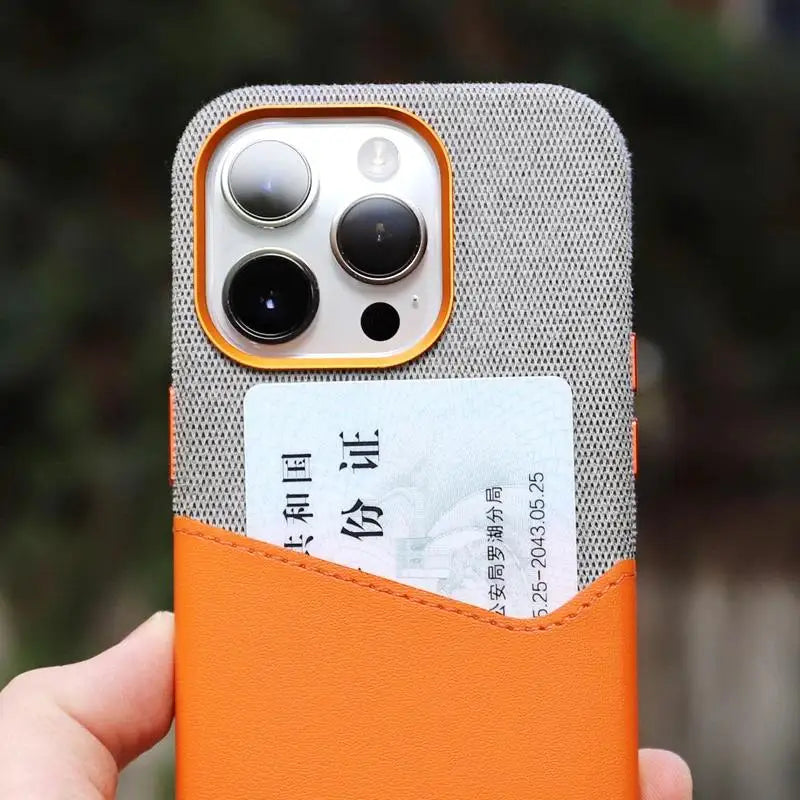 Color: Orange, Material: Silicon - Card Holder Magsafe Leather Phone Case For Iphone 15 14pro Max 13 14 Pro 12 Pocket Wireless Charging Alloy Lens Hit Color Cover