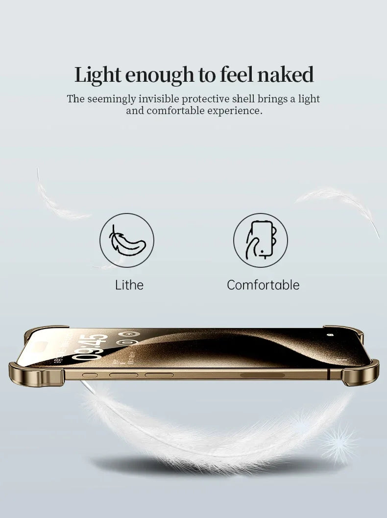 Color: Beige, Material: Pu - Aluminum Metal Rimless Phone Case For Iphone 16 15 14 Plus 13 12 Pro Max Lens Protective Film Hollow Logo Cooling Accessory Case