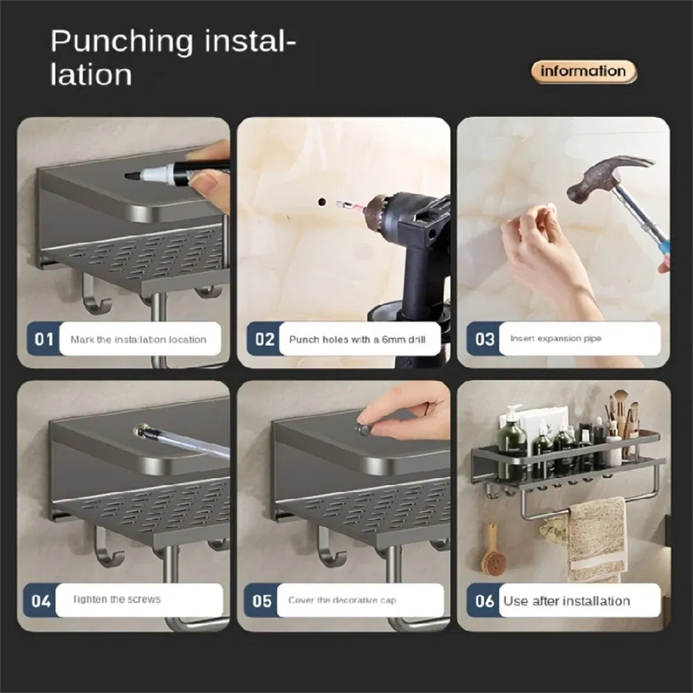 Color: Multi - Multifunctional Kitchen And Bath Tray Wall-mounted Aluminum Storage Rack Seasoning Bottle Storage Shelf Kitchen Storage Hooks