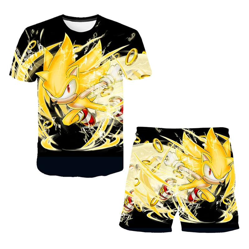 Color: Pink, Size: M - New Japanese Cartoon Sonic T-shirt Children's Top T-shirt Shorts Two-piece Set Summer Boy Cartoon Cute T-shirt+beach Pants