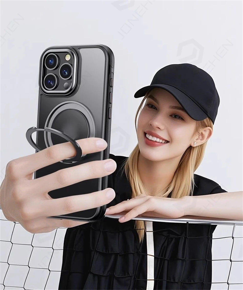 Color: Blue, Material: Pvc - 360?° Rotation Ring Stand Magnetic Case For Iphone 13 14 15 16 17 Pro Max 16e Matte Military Shockproof Armor Cover For Magsafe