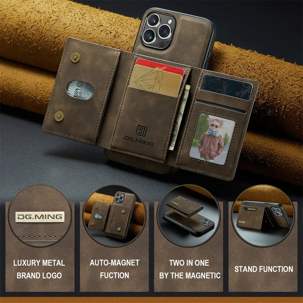 Color: Beige, Material: Aluminum - 2 In 1 Case For Iphone 16 15 14 13 12 11 Pro Max Plus Xs Max Xr 8 Plus Se 2022 Wallet Magnetic Leather Card Holder Pocket Cover