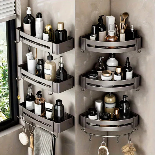 Bathroom Corner Rack Punch-free Wall-mounted Aluminum Shampoo Bottle Storage Waterproof Bathroom Accessories With Hook Rod