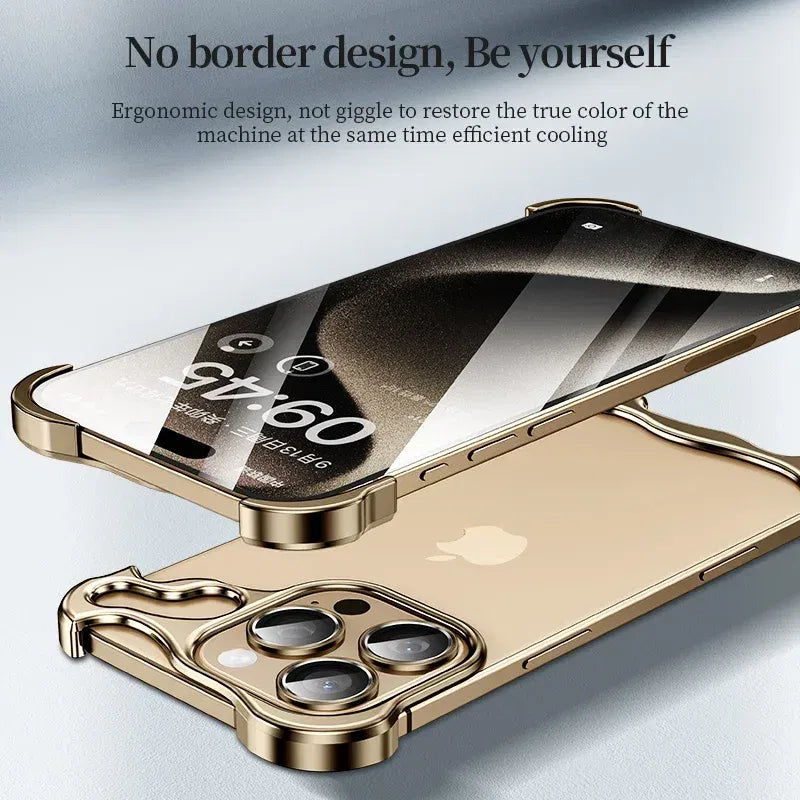 Color: Beige, Material: Pu - Aluminum Metal Rimless Phone Case For Iphone 16 15 14 Plus 13 12 Pro Max Lens Protective Film Hollow Logo Cooling Accessory Case
