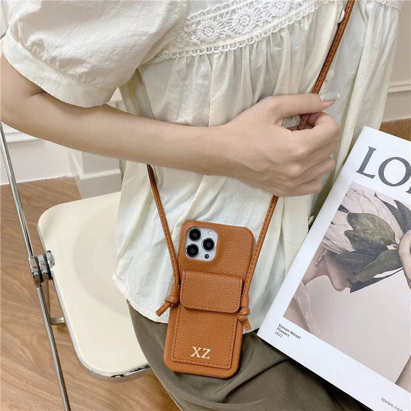 Color: Beige, Material: Nylon - Personalized Gold Silver Letters Leather Pu Card Holder Lanyard Hard Case For Iphone 14 13 12 11 15 Pro Max Xs Xr 16 Plus Cover