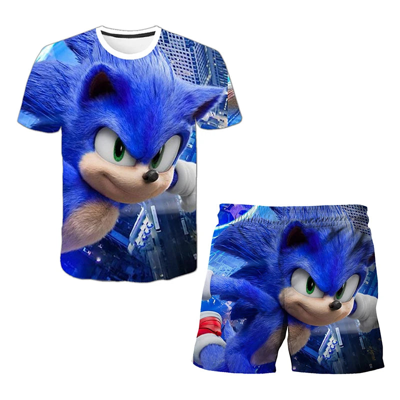 Color: Pink, Size: M - New Japanese Cartoon Sonic T-shirt Children's Top T-shirt Shorts Two-piece Set Summer Boy Cartoon Cute T-shirt+beach Pants