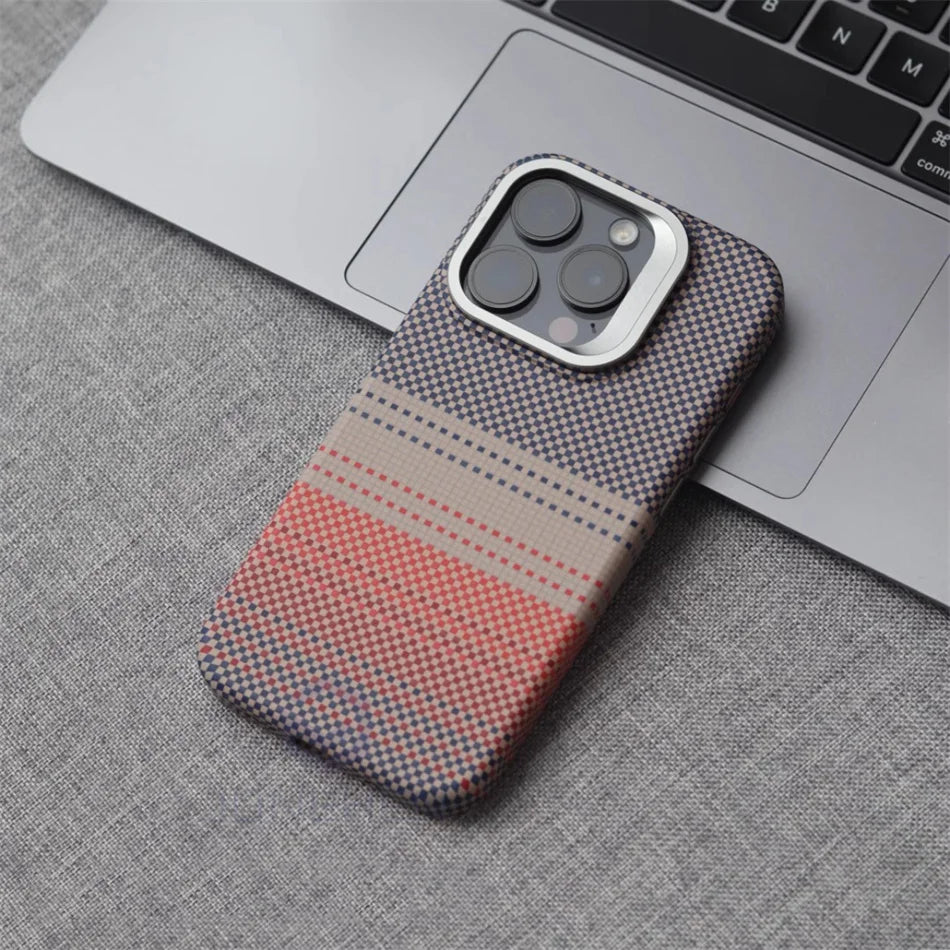 Color: Gold, Material: Polyester - Luxury Magnetic Stand Metal Lens Relief Carbon Fibre Pattern For Magsafe Case For Iphone 15 14 13 Pro Max Shockproof Back Cover