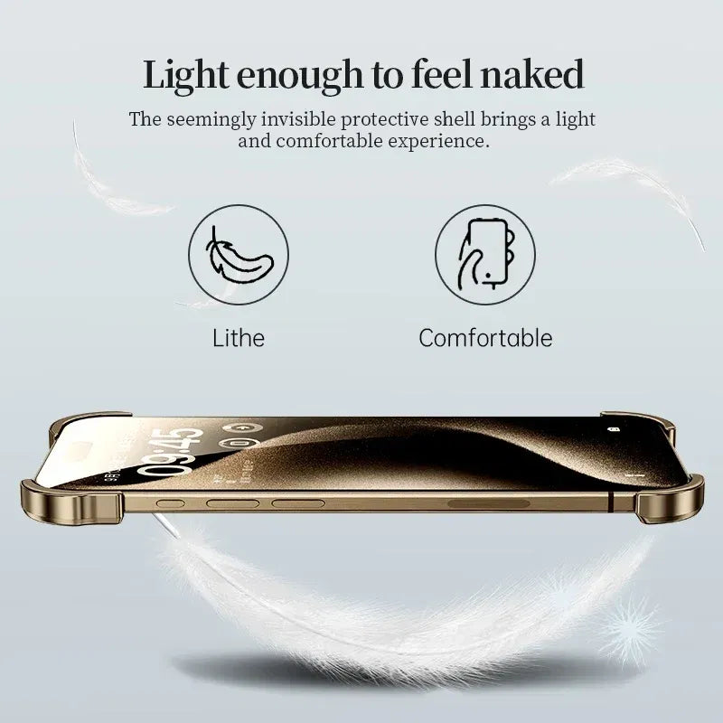 Color: Beige, Material: Pu - Aluminum Metal Rimless Phone Case For Iphone 16 15 14 Plus 13 12 Pro Max Lens Protective Film Hollow Logo Cooling Accessory Case