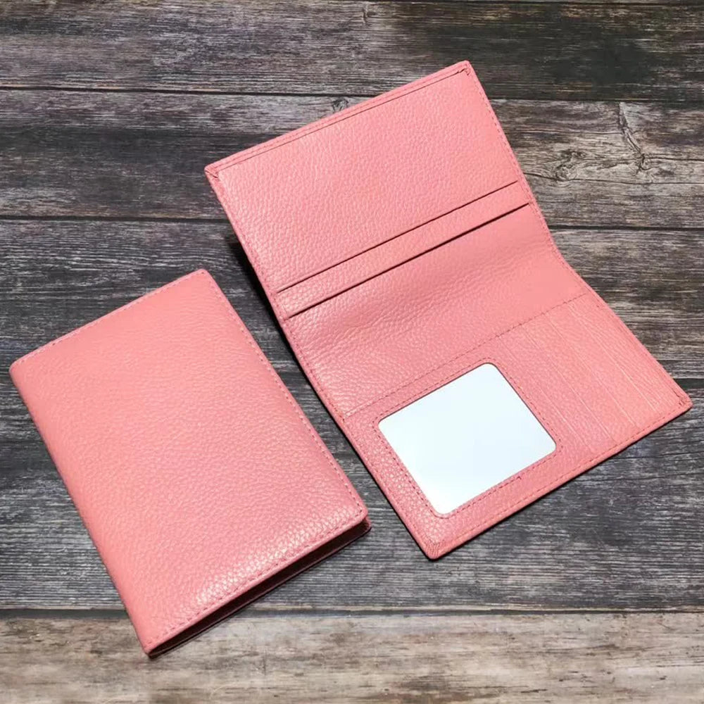 Color: Pink - 100% Cowhide Passport Holder Factory Genuine Leather Engrave Letters Men Women Passport Cover Customized Name Travel Card Wallet