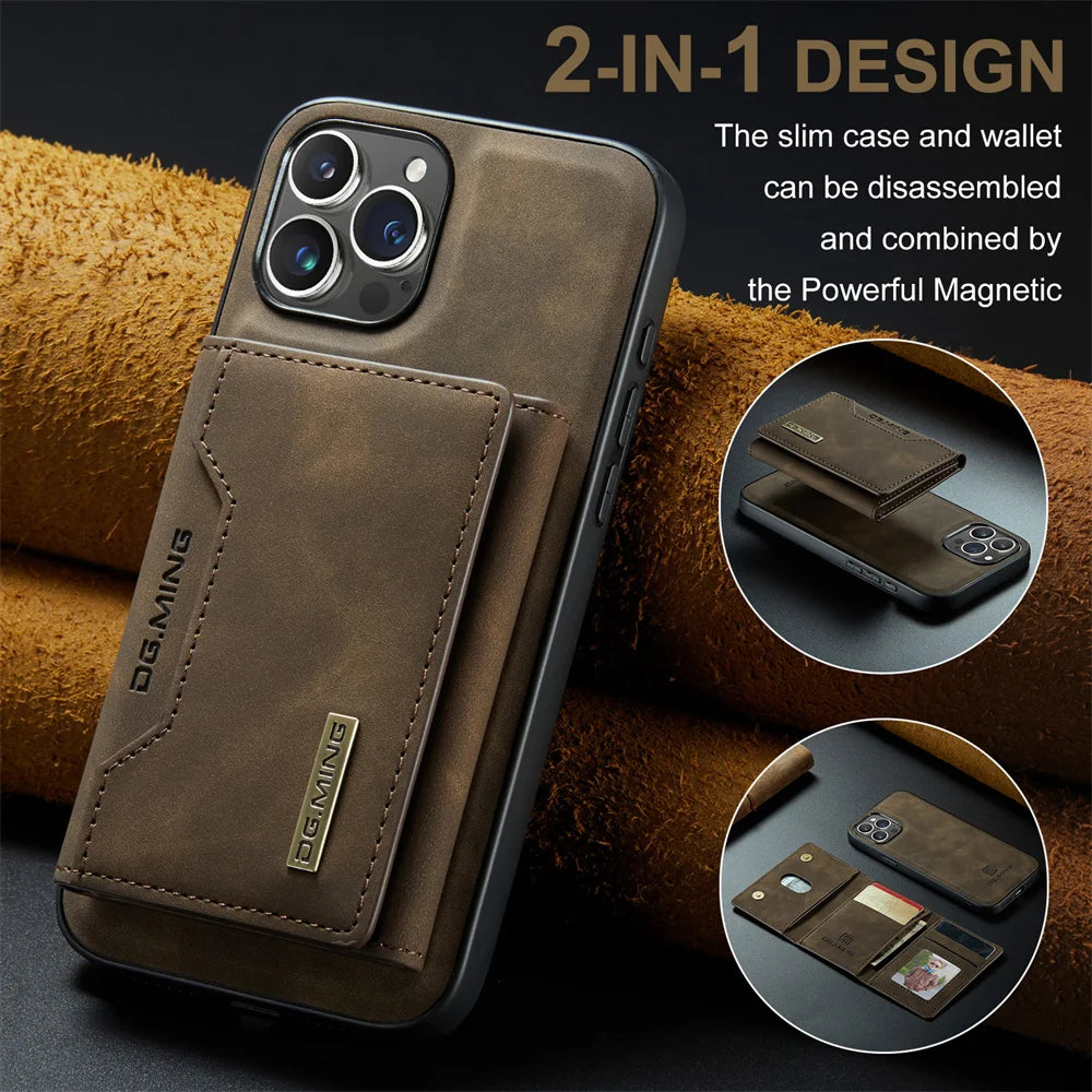 Color: Beige, Material: Aluminum - 2 In 1 Case For Iphone 16 15 14 13 12 11 Pro Max Plus Xs Max Xr 8 Plus Se 2022 Wallet Magnetic Leather Card Holder Pocket Cover