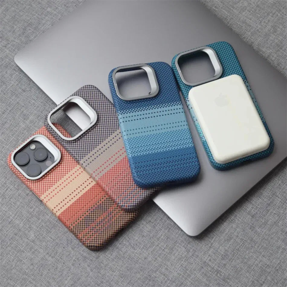 Color: Gold, Material: Polyester - Luxury Magnetic Stand Metal Lens Relief Carbon Fibre Pattern For Magsafe Case For Iphone 15 14 13 Pro Max Shockproof Back Cover