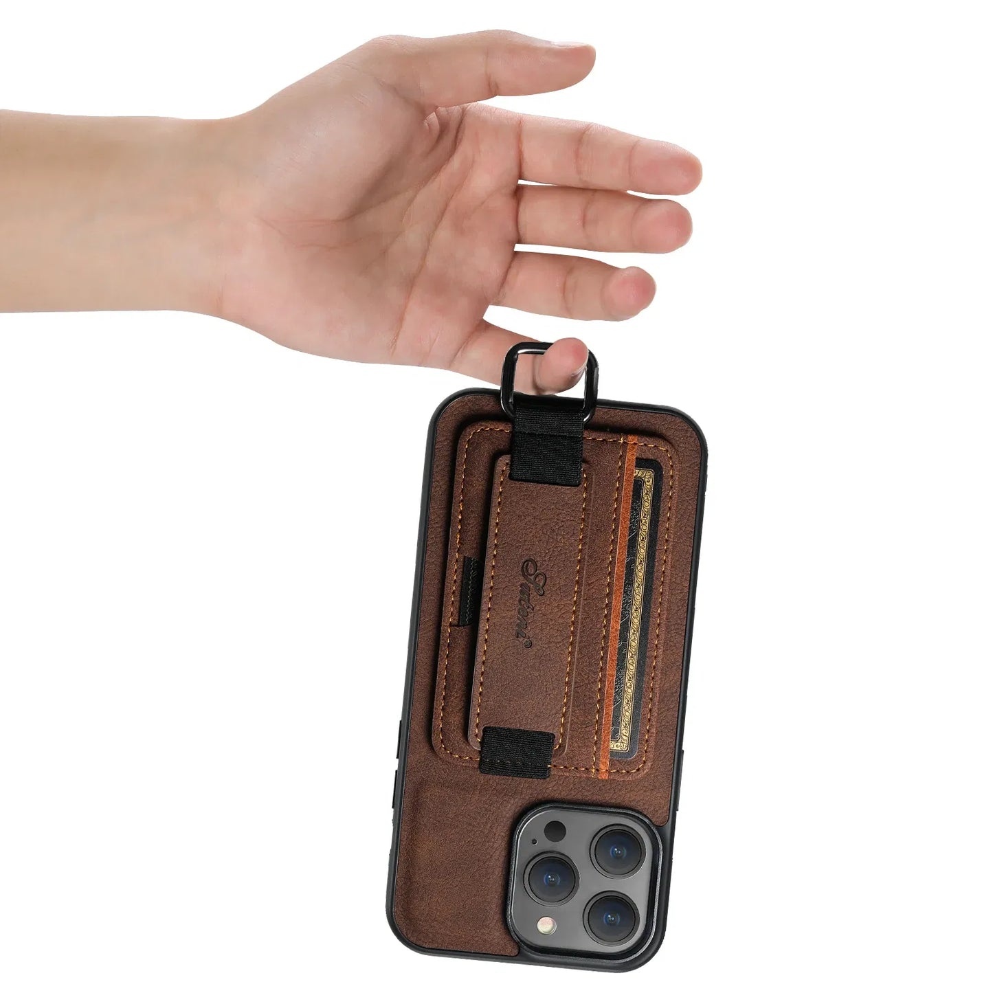 Color: Blue, Material: Carbon Fiber - Suteni Lychee Skin Print Wrist Strap Card Phone Case Card Holder For Iphone 16 Promax 15 Plus 14 13 12 11 Xr Xs Black/blue/brown