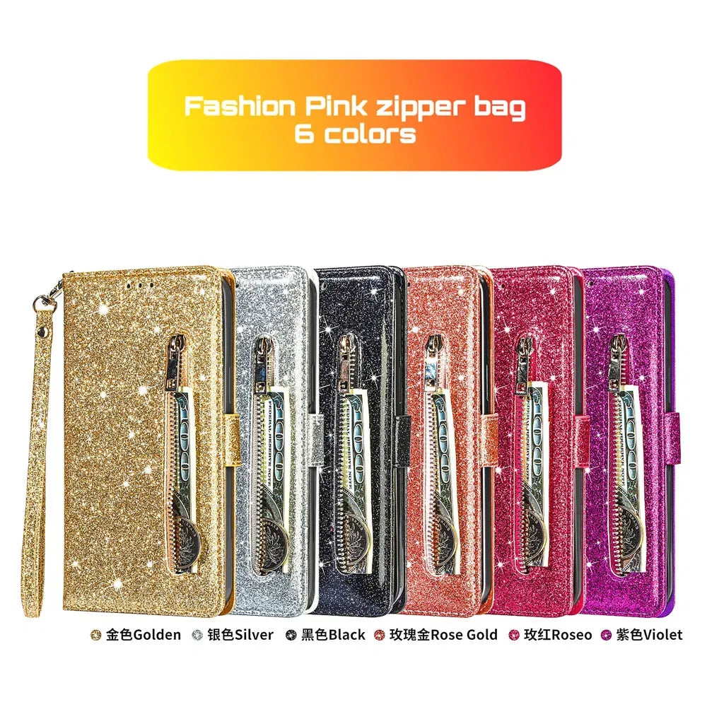 Color: Beige, Material: Cotton Fabric - Zipper Flip Wallet Glitter Leather Case For Iphone 16 15 14 13 12 11 Pro Max Xs Xr 8 7 Plus Se 2022 Mini Bling Stand Phone Cover