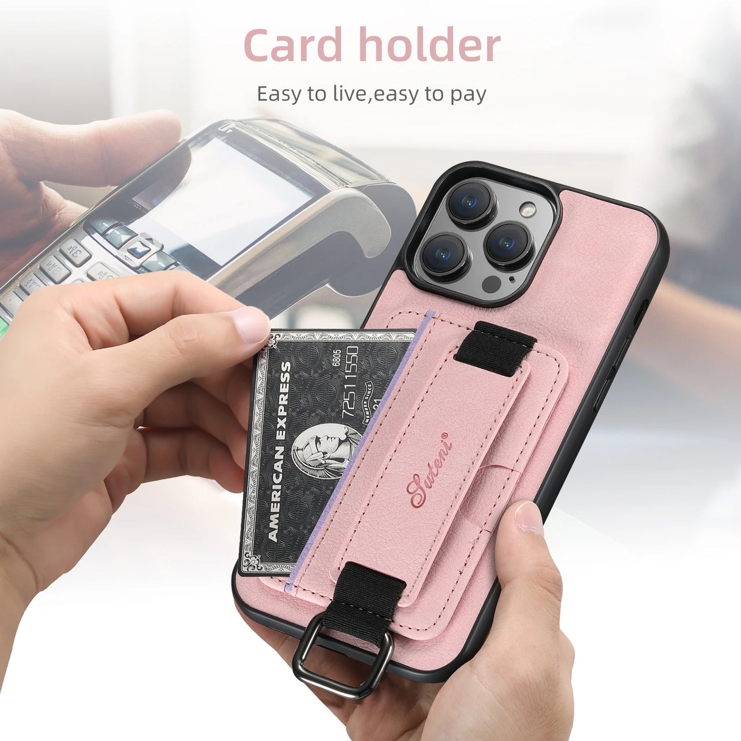 Color: Blue, Material: Carbon Fiber - Suteni Lychee Skin Print Wrist Strap Card Phone Case Card Holder For Iphone 16 Promax 15 Plus 14 13 12 11 Xr Xs Black/blue/brown