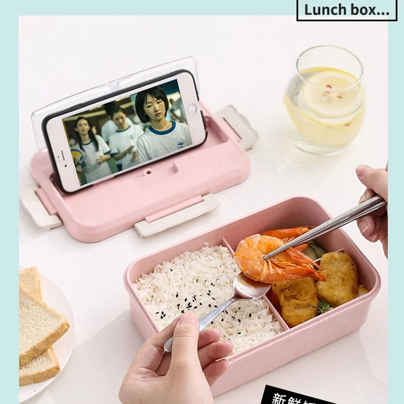 Color: Green, Ships From: China - Microwave Lunch Box Wheat Straw Dinnerware With Spoon Chopsticks Food Storage Container Children Kids School Office Bento Box
