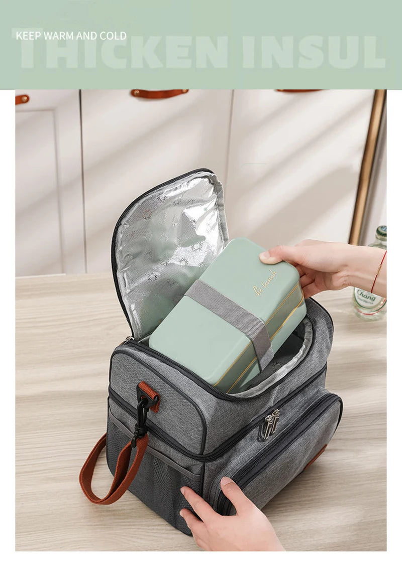Color: Blue - Double Layer Lunchbox Storage Thermal Bag Large Capacity Tote Shoulder Food Drink Insulation Bags Outdoor Picnic Bento Lunch Bag