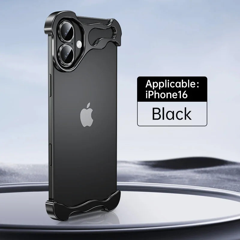 Color: Beige, Material: Pu - Aluminum Metal Rimless Phone Case For Iphone 16 15 14 Plus 13 12 Pro Max Lens Protective Film Hollow Logo Cooling Accessory Case