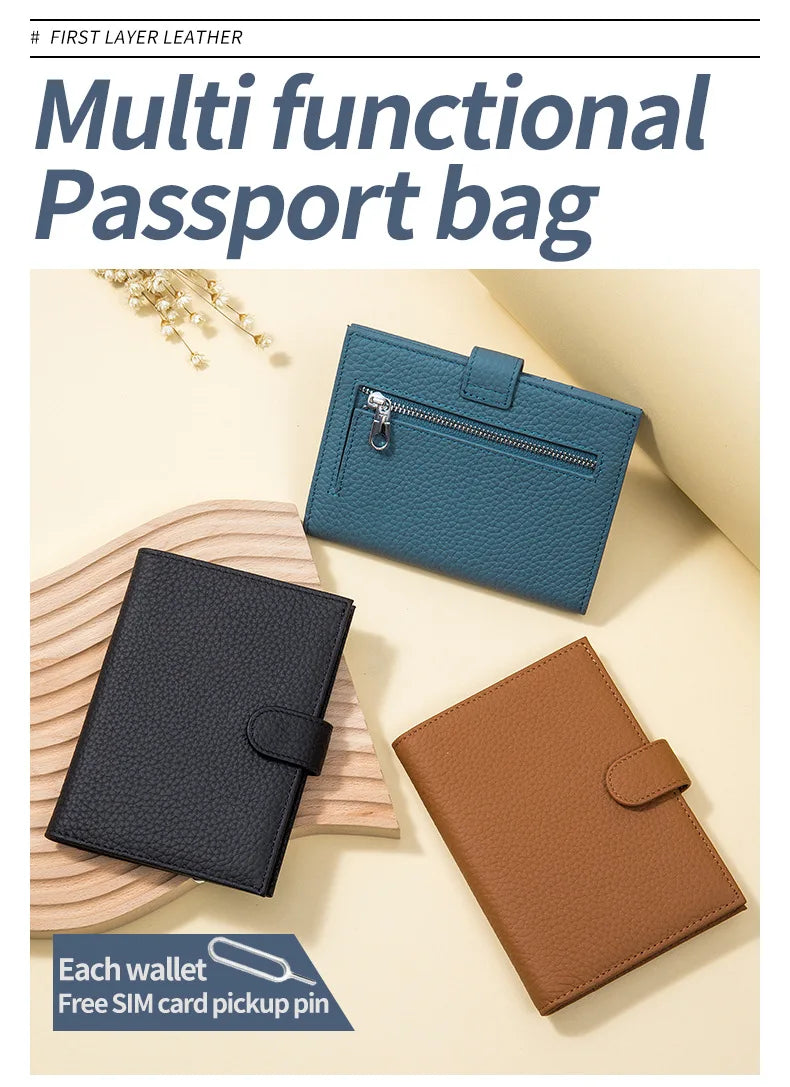 Color: Green - Genuine Cow Leather Passport Holder Travel Wallet With Zipper Pocket Card Holder Rfid Blocking Bifold Wallet For Men And Women