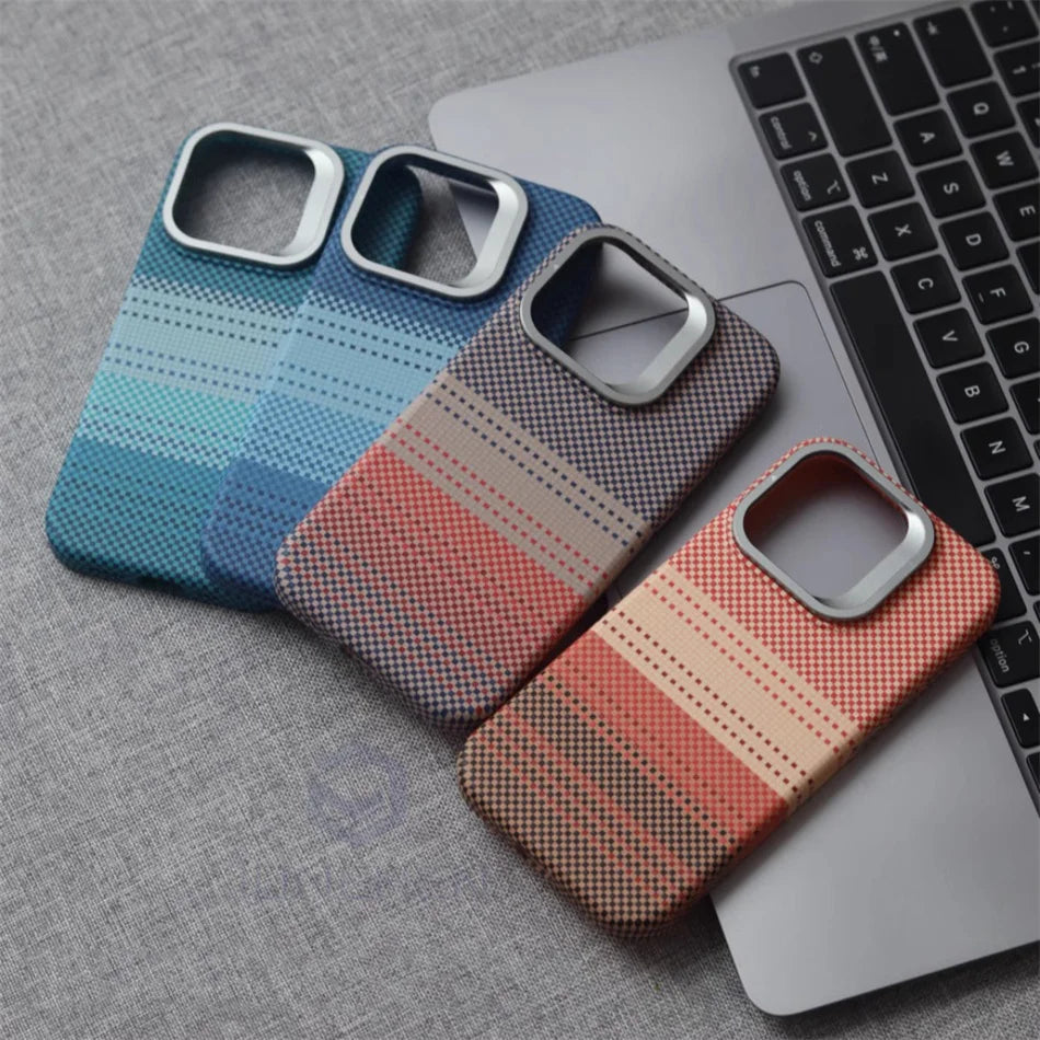 Color: Gold, Material: Polyester - Luxury Magnetic Stand Metal Lens Relief Carbon Fibre Pattern For Magsafe Case For Iphone 15 14 13 Pro Max Shockproof Back Cover