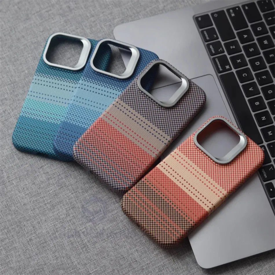 Color: Gold, Material: Polyester - Luxury Magnetic Stand Metal Lens Relief Carbon Fibre Pattern For Magsafe Case For Iphone 15 14 13 Pro Max Shockproof Back Cover