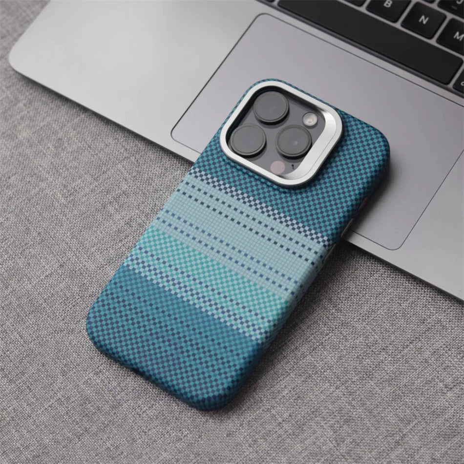 Color: Gold, Material: Polyester - Luxury Magnetic Stand Metal Lens Relief Carbon Fibre Pattern For Magsafe Case For Iphone 15 14 13 Pro Max Shockproof Back Cover