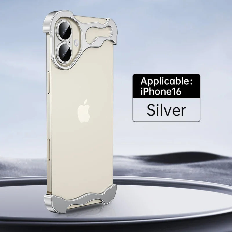 Color: Beige, Material: Pu - Aluminum Metal Rimless Phone Case For Iphone 16 15 14 Plus 13 12 Pro Max Lens Protective Film Hollow Logo Cooling Accessory Case