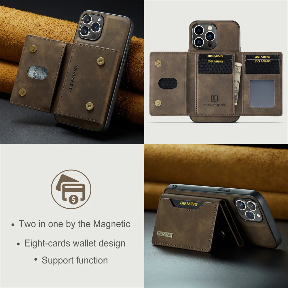 Color: Beige, Material: Aluminum - 2 In 1 Case For Iphone 16 15 14 13 12 11 Pro Max Plus Xs Max Xr 8 Plus Se 2022 Wallet Magnetic Leather Card Holder Pocket Cover