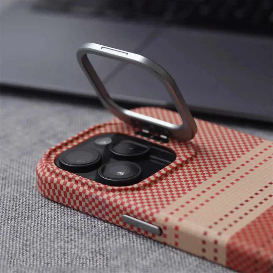 Color: Gold, Material: Polyester - Luxury Magnetic Stand Metal Lens Relief Carbon Fibre Pattern For Magsafe Case For Iphone 15 14 13 Pro Max Shockproof Back Cover