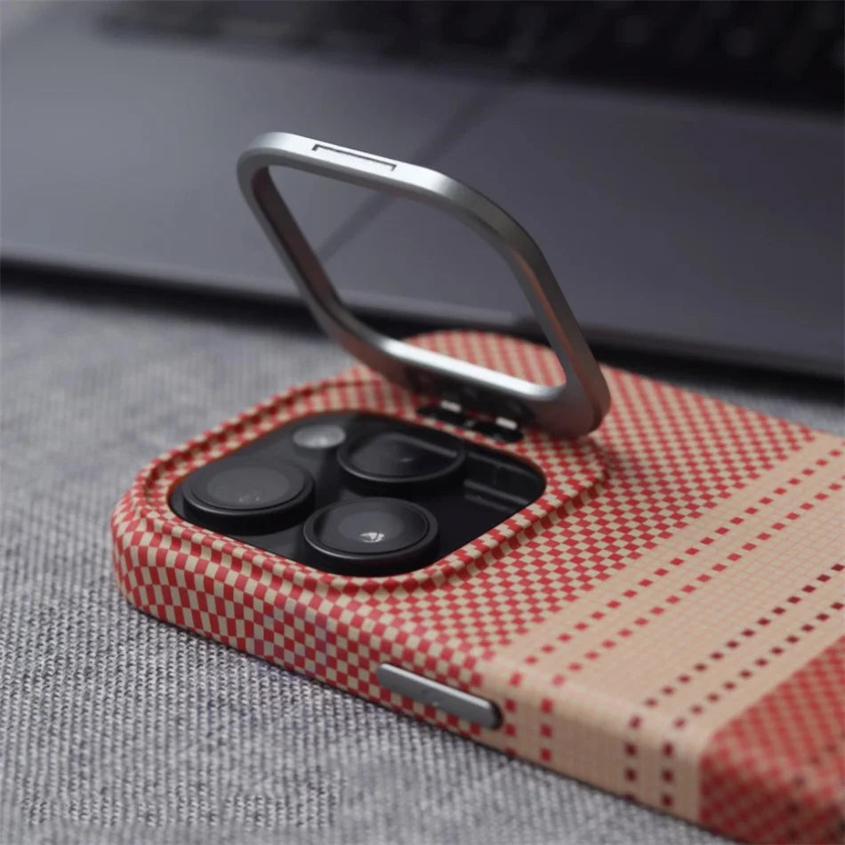 Color: Gold, Material: Polyester - Luxury Magnetic Stand Metal Lens Relief Carbon Fibre Pattern For Magsafe Case For Iphone 15 14 13 Pro Max Shockproof Back Cover
