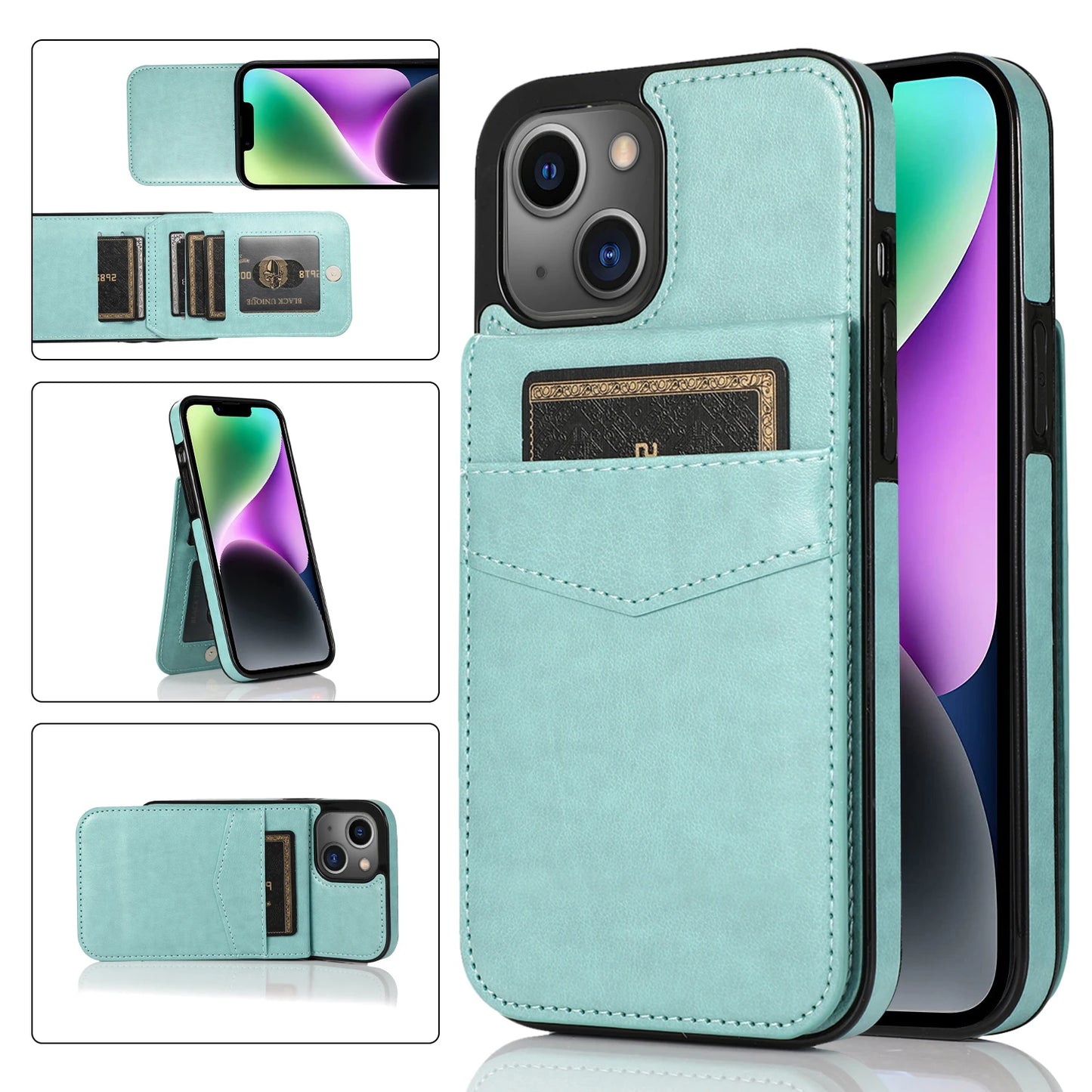 Color: Beige, Material: Silicon - Faux Leather Wallet Kickstand Phone Case For Iphone 13 12 Mini 16e 16 15 14 11 Pro Max X Xr Xs 7 8 Plus Case With Credit Card