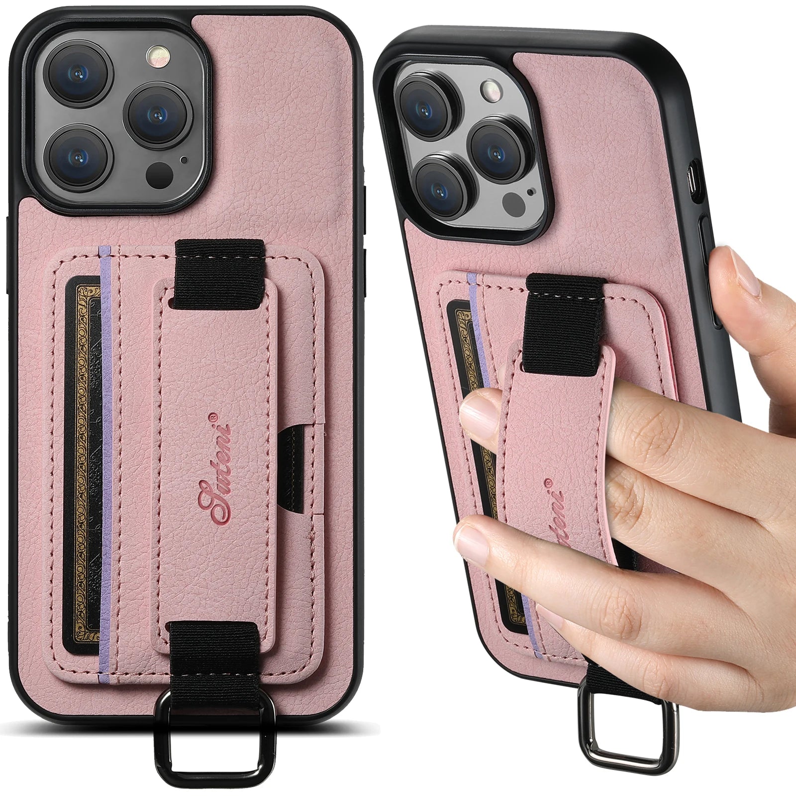 Color: Blue, Material: Carbon Fiber - Suteni Lychee Skin Print Wrist Strap Card Phone Case Card Holder For Iphone 16 Promax 15 Plus 14 13 12 11 Xr Xs Black/blue/brown