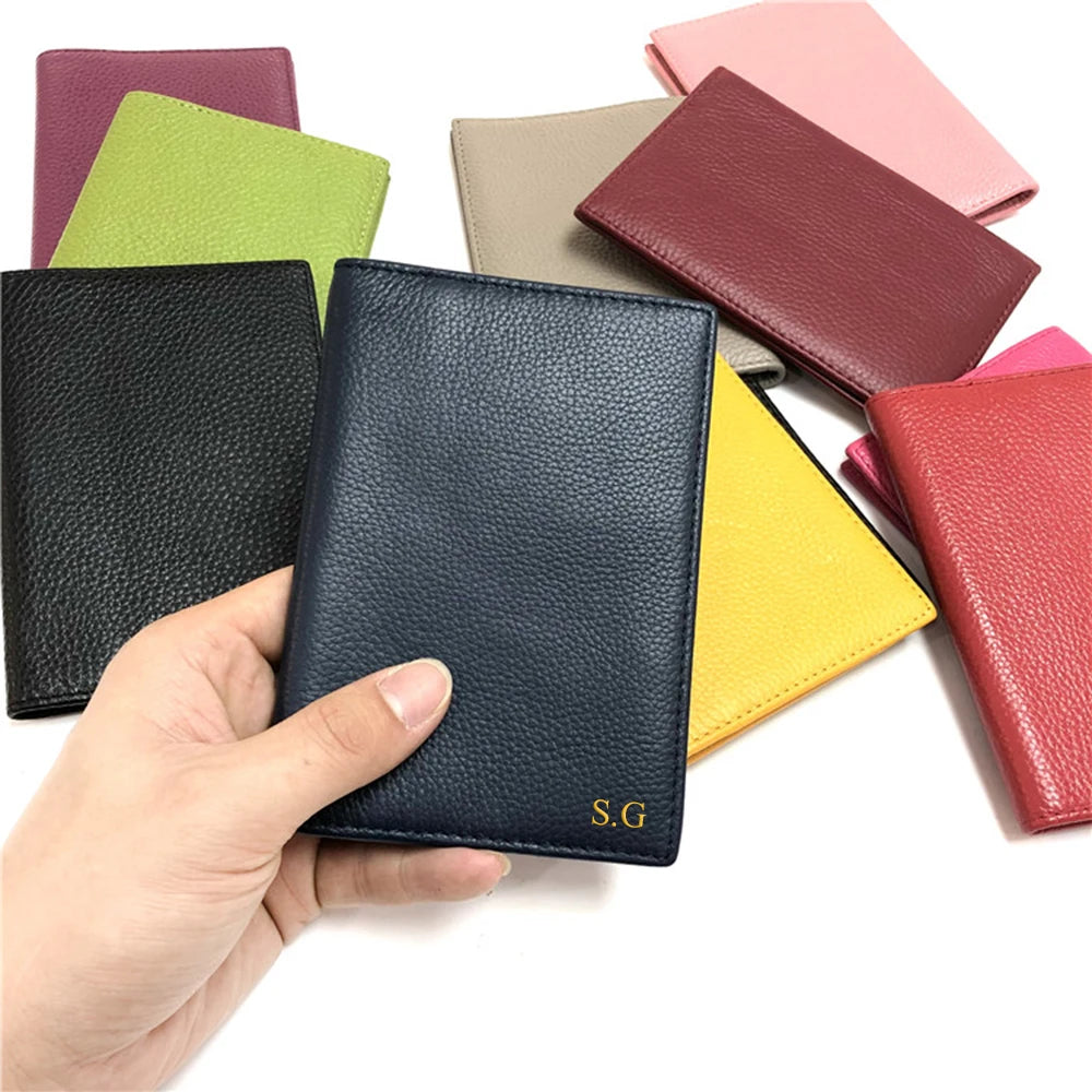 Color: Pink - 100% Cowhide Passport Holder Factory Genuine Leather Engrave Letters Men Women Passport Cover Customized Name Travel Card Wallet