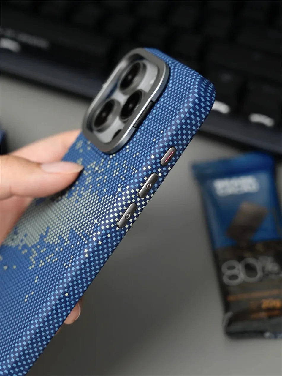 Color: Gold, Material: Polyester - Luxury Magnetic Stand Metal Lens Relief Carbon Fibre Pattern For Magsafe Case For Iphone 15 14 13 Pro Max Shockproof Back Cover